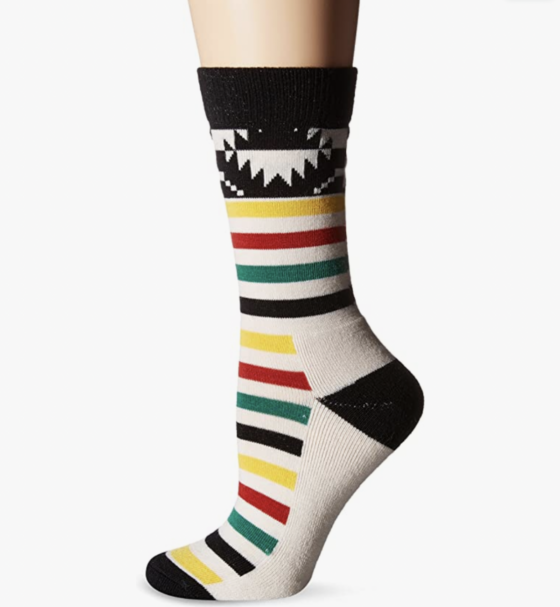 womens pendleton sock with classic yellow, red, and green stripe with snowflake ankle detail