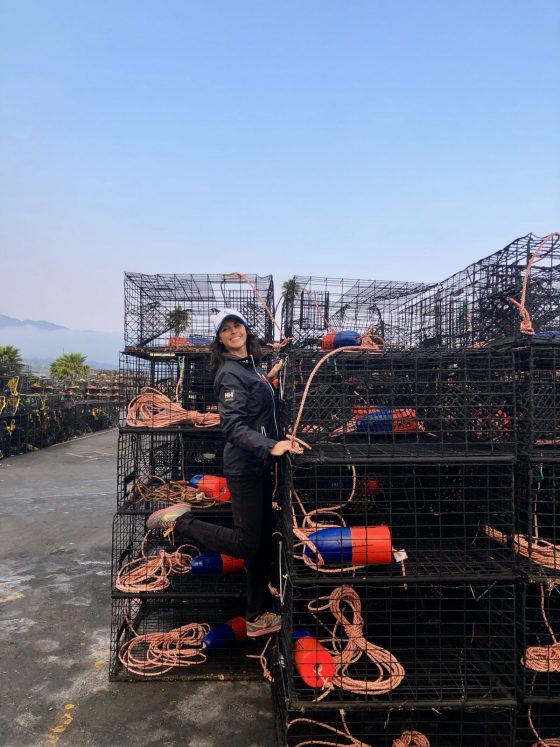 smiling woman climbing on traps for spiny lobsters
