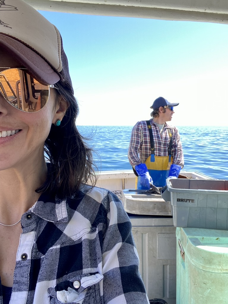 Megan Waldrep and Chris Dabney on a lobster boat in California Partners of Commercial Fishermen