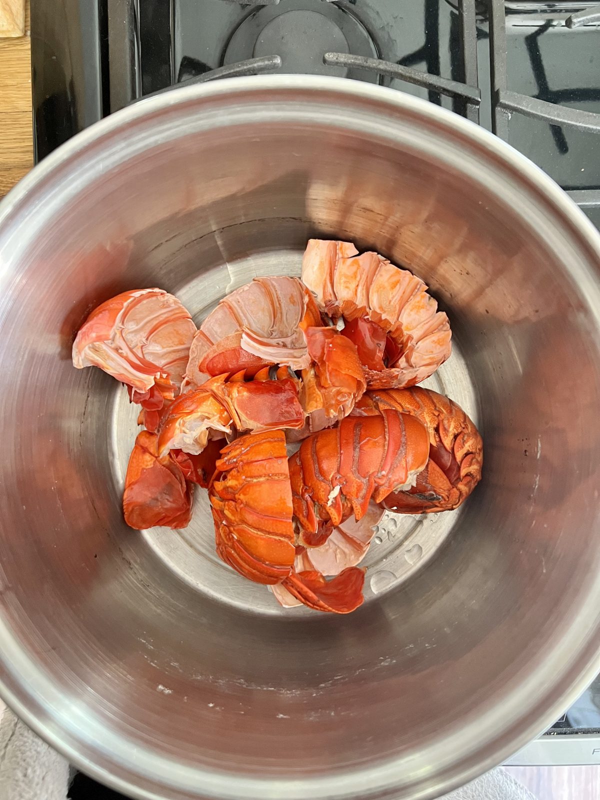 spiny lobster tail shells in a large silver pot
