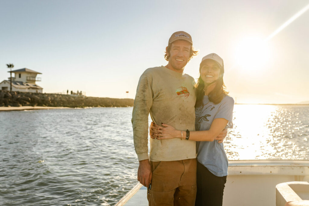 California commercial lobster fisherman and wife on boat