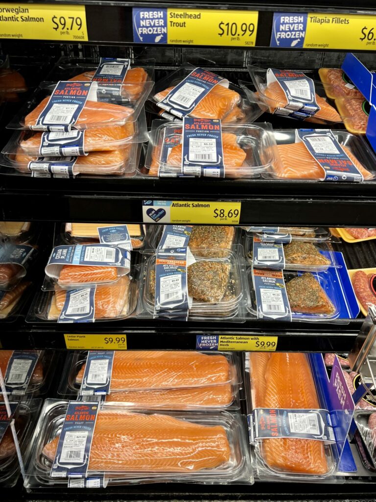 Packaged Atlantic farmed salmon at Aldi grocery store