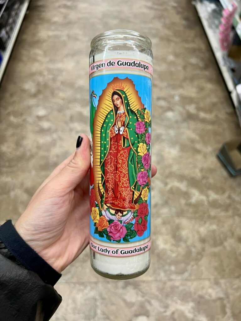 White pillar candle with Virgin Mary on Glass from The Dollar Tree