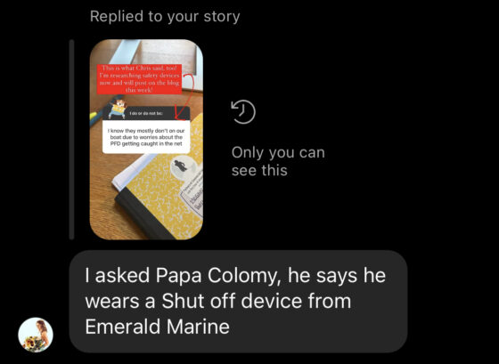 personal Direct message from Instagram recommending a marine safety device from Emerald Marine