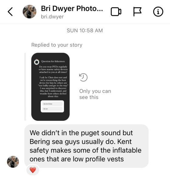 Bri Dwyer Instagram message recommending personal flotation device vest for commercail fishermen by Kent marine