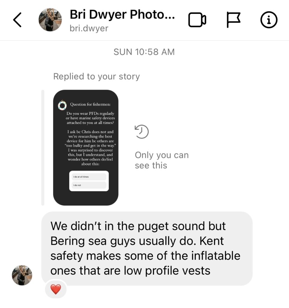 Bri Dwyer Instagram message recommending personal flotation device vest for commercail fishermen by Kent marine