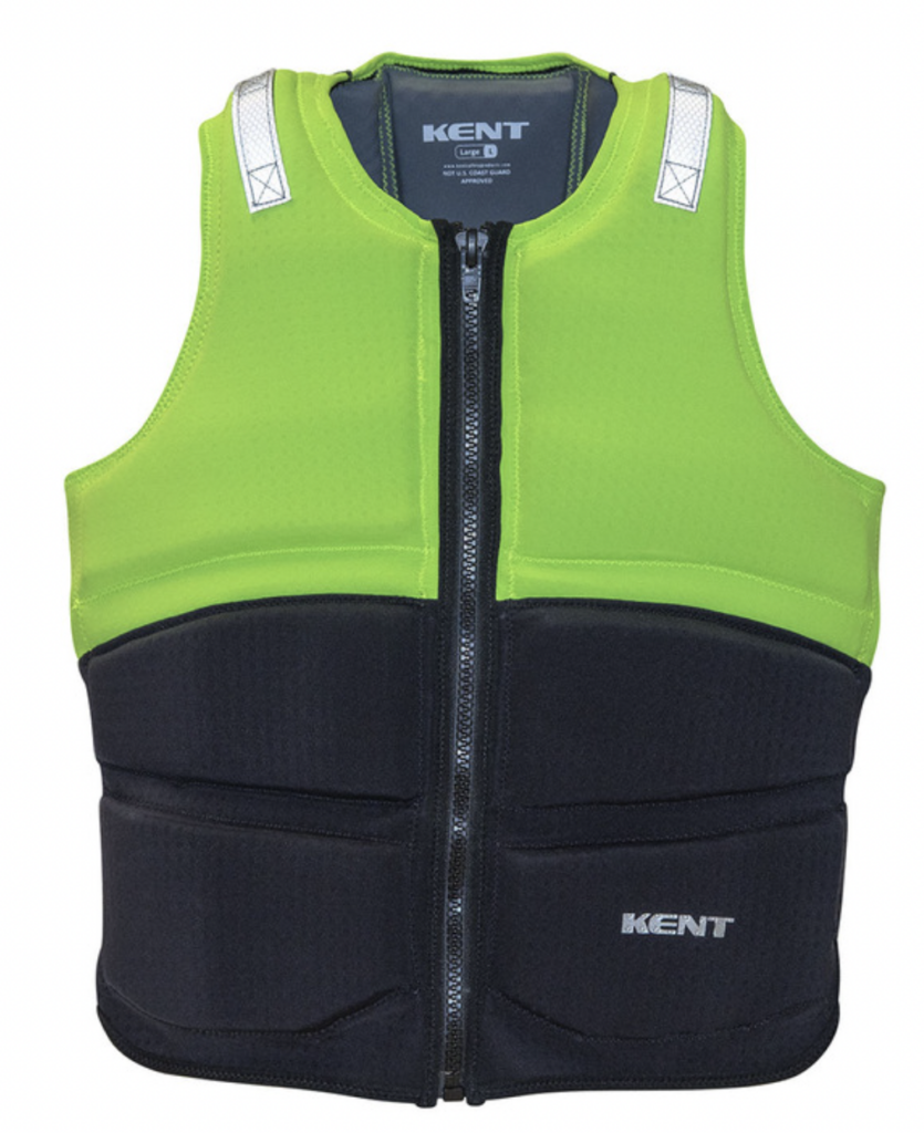 Bright green and black Kent Safety brand extra thin life jacket for commercial fishermen