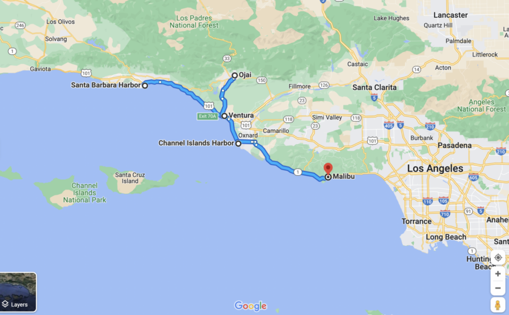 Google Map of California coast from Santa Barbara, Ojai, Ventura, and Malibu