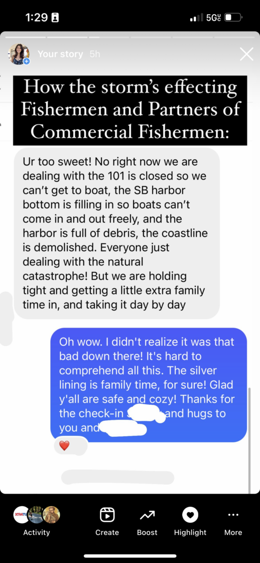 texts with partners of commercial fishermen discussing the California storm