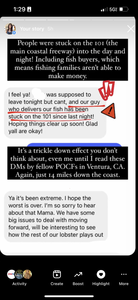 texts with partners of commercial fishermen discussing the California storm