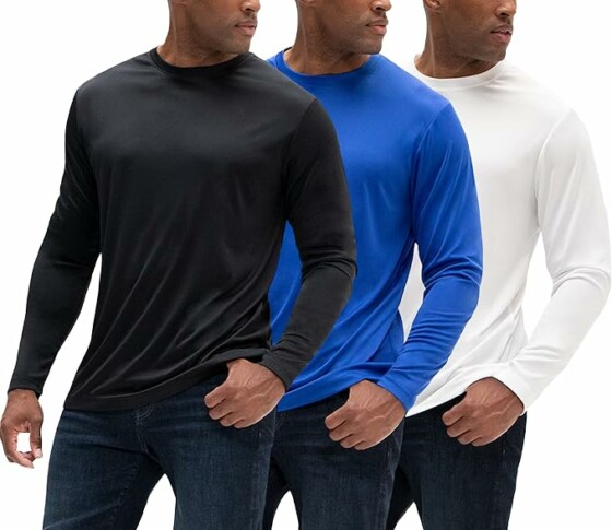 men's dry wick long sleeve shirts in a three pack in black, blue, white